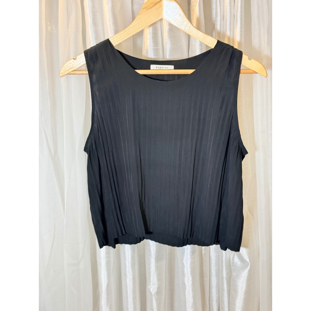 Babaton Pleated Tank Top Womens XS Black Sleeveless Crew Neck Cropped Blouse